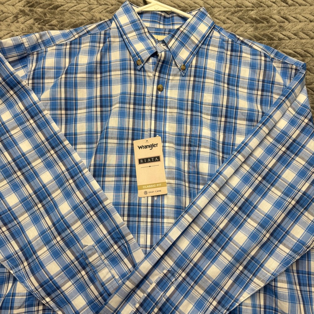 Wrangler Riata Blue White Plaid Classic Fit Button Down Shirt Large NWT (1531)